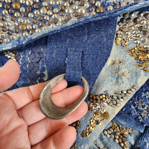 Cecilia De Bucourt Harrow Studded Denim Hobo Tote Distressed Leather Fringe‎ NEW - Picture 6 of 16